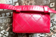 Vintage CHANEL red leather 2.55 waist purse, fanny pack, hip bag with gold CC closure and chain belt. Belt 28”- 33”(71cm~77cm).