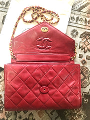 Vintage CHANEL red lamb leather shoulder bag with golden CC button motifs at flap. Rare purse. 070610re1