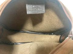 Vintage Longchamp brown suede leather oval round shape shoulder bag with leaf applique motifs. Rare and unique bag back in the okd era.