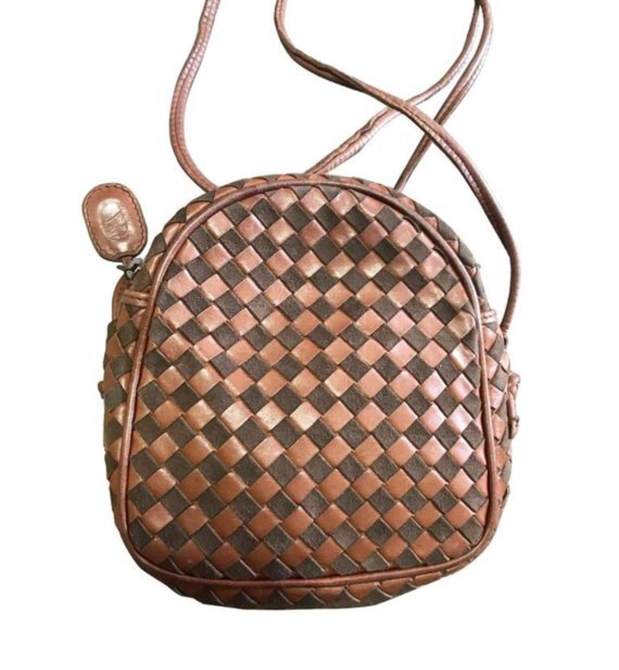 F2 Vintage Valentino Garavani brown intrecciato mini pouch style shoulder bag with V logo embossed pull. Classic purse.