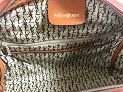 Vintage Yves Saint Laurent brown leather handbag with YSL marks. Classic unisex use bag, speedy bag.
