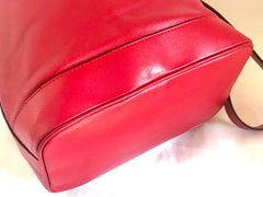Vintage Celine red leather hobo bucket shoulder bag with a golden square logo motif and matching pouch. Classic drawstrings purse.
