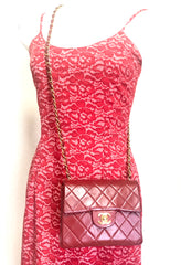 Vintage CHANEL deep red lambskin mini 2.55 bag with golden CC and chain strap. Classic Chanel red bag back in the era.