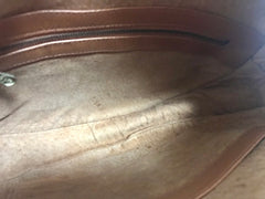 Vintage MCM suzy wong bag, brown grained leather round shoulder bag with studs and fringes. Designed by Michael Cromer. Nature. 060531r8