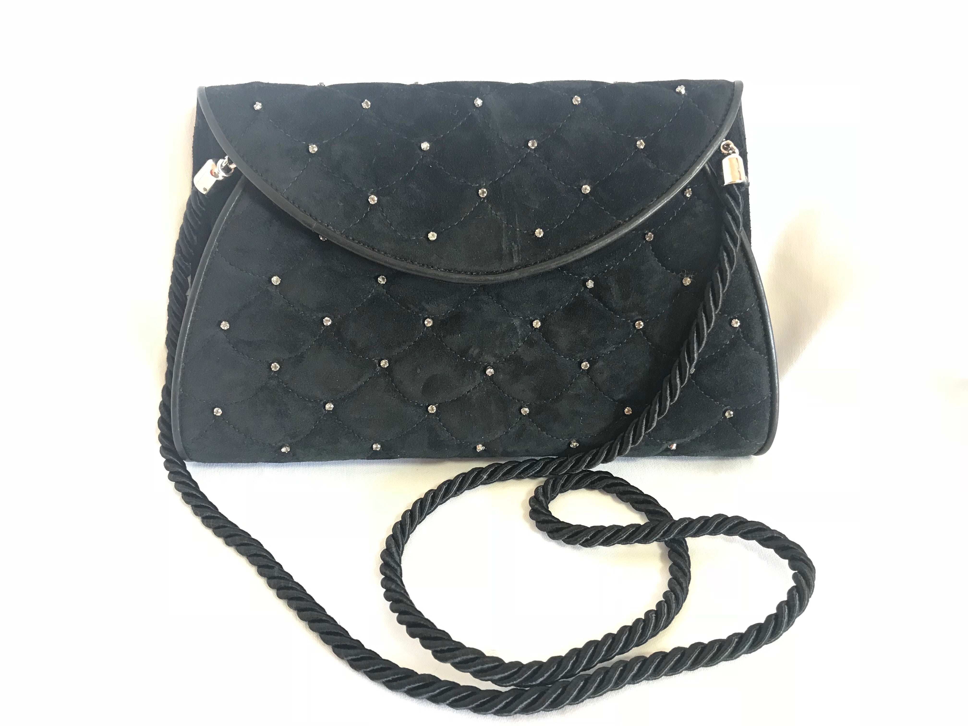 Vintage Valentino Garavani black suede leather shoulder bag, clutch purse with crystal stones and scale quilted stitches. 050816f4