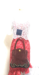 Vintage Christian Lacroix genuine wine brown suede leather sexy feminine shape bag with golden logo motif and studs. Hot purse. 0602062