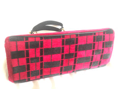 Vintage Roberta di Camerino wine red, grey, and black geometric pattern velvet handbag with golden logo charms. 060905r6