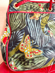 Vintage Bottega Veneta butterfly and leaf printed hobo bag with red leather trimmings. 050327ys3