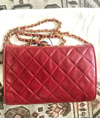 Vintage CHANEL red lamb leather shoulder bag with golden CC button motifs at flap. Rare purse. 070610re1