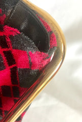 Vintage Roberta di Camerino wine red, grey, and black geometric pattern velvet handbag with golden logo charms. 060905r6