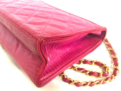 Vintage CHANEL hot pink genuine lizard leather envelop style flap shoulder bag with CC stitch mark and golden chain strap. Rare masterpiece. 050316r2