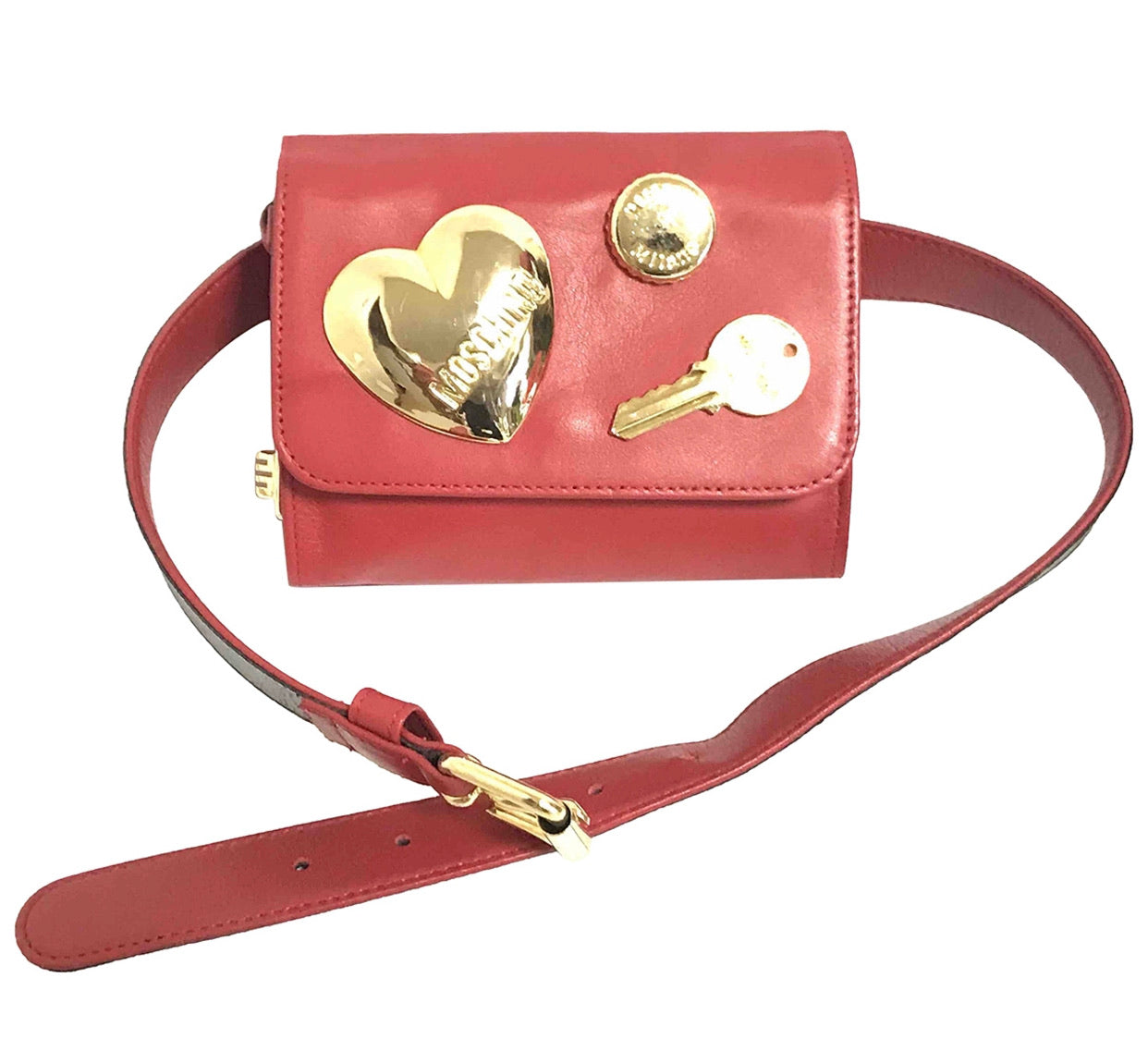 Vintage MOSCHINO red leather waist purse, fanny pack, clutch bag with large golden heart, key motifs, and can budge motif. R0410118