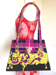 MINT. Vintage Gianni Versace pink tartan check and arabesque design shoulder bag, Kelly bag with golden sunburst motifs.