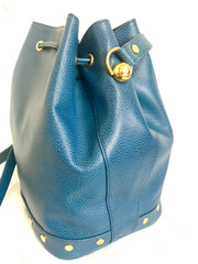 Vintage LANVIN blue grained leather hobo bucket shoulder bag with golden logo motifs. 070502re1