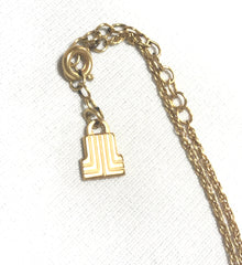 Vintage LANVIN golden skinny chain necklace with square and silver logo charm pendant top. Must have classic vintage jewelry piece. 050407r1