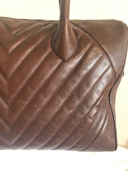 Vintage CHANEL brown caviarskin v stitch, chevron style bag