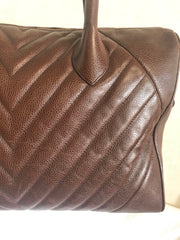 Vintage CHANEL brown caviarskin v stitch, chevron style bag, Speedy bag with golden CC charm. Classic purse for daily use.  060516re1