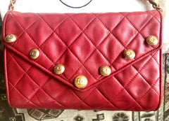 Vintage CHANEL red lamb leather shoulder bag with golden CC button motifs at flap. Rare purse. 070610re1