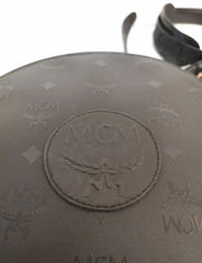 Vintage MCM black monogram round shape Suzy Wong shoulder bag with leather trimmings and fringes. Unisex. West Germany made.