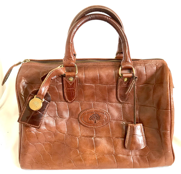Vintage Mulberry croc embossed brown leather tote bag in bolide