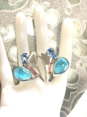 Vintage Christian Lacroix silver and blue earrings. Blue and pink crystal stones. Rare statement jewelry. Great gift. 0506302
