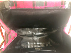 Vintage Roberta di Camerino wine red, grey, and black geometric pattern velvet handbag with golden logo charms. 060905r6