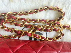 Vintage CHANEL red lamb leather shoulder bag with golden CC button motifs at flap. Rare purse. 070610re1