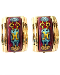 Vintage Hermes cloisonne golden earrings with red and yellow chain, medal charm, H logo jewelry print design. Great gift idea.