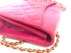 Vintage CHANEL hot pink genuine lizard leather envelop style flap shoulder bag with CC stitch mark and golden chain strap. Rare masterpiece. 050316r2