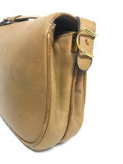 Vintage Gucci nude brown leather shoulder bag with golden and silver tone GG logo motif and wavy design flap. Classic purse. 060716r