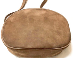 Vintage Longchamp brown suede leather oval round shape shoulder bag with leaf applique motifs. Rare and unique bag back in the okd era.