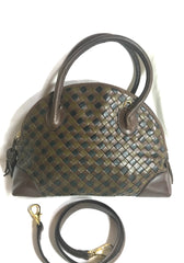 Vintage Bottega Veneta brown, khaki, and black leather intrecciato bolide style handbag with tassel charms. Rare color purse.