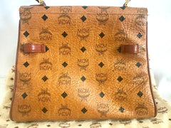Vintage MCM classic brown monogram Kelly bag with golden logo plate. Perfect daily use bag. By Michael Cromber, Germany
