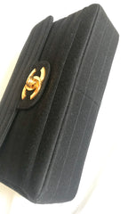 Vintage CHANEL black jersey 2.55 classic jumbo, large chain, large shoulder bag with golden CC. Stripe stitch