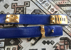 90's Vintage Hermes Collier de Chian blue calfskin Medor belt with gold-plated hardware. Size 65