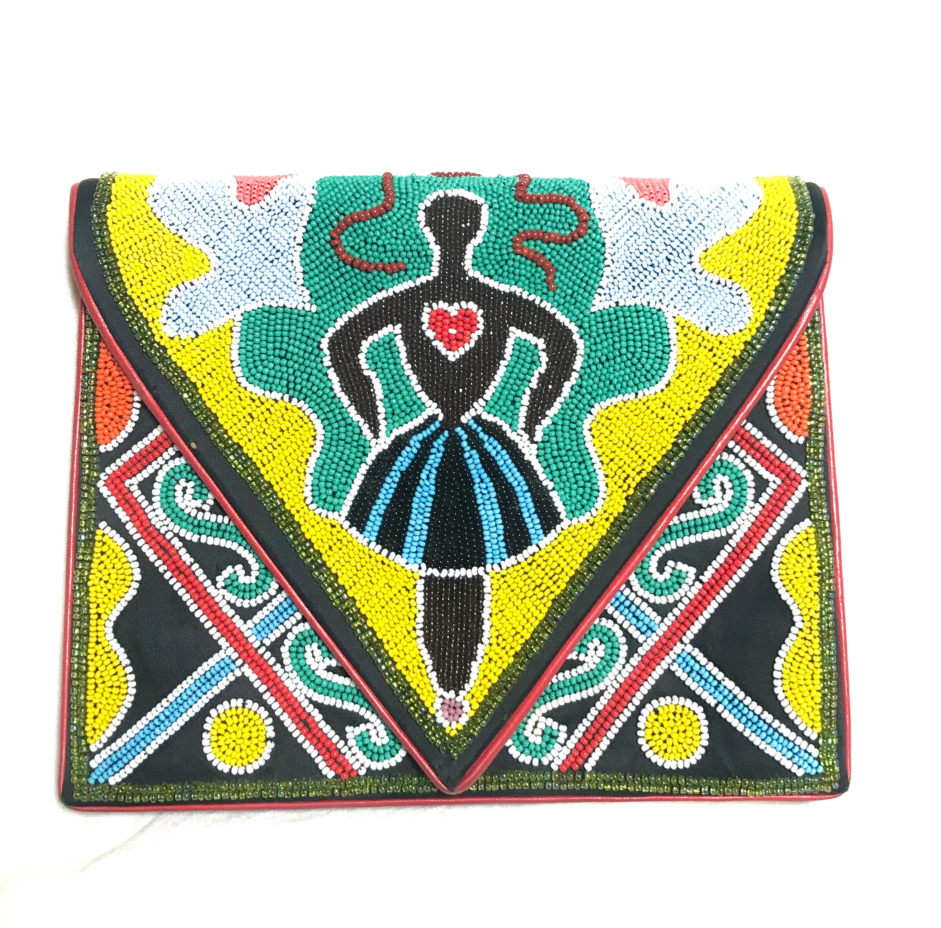 Vintage Renaud Pellegrino colorful and ethnic design beaded clutch bag, shoulder bag. One of a kind handmade masterpiece. Made in France.