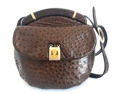 Vintage GUCCI dark brown genuine ostrich leather fisherman bag style shoulder bag with logo embossed motif. Rare masterpiece.