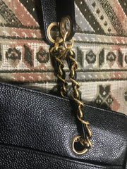 Vintage CHANEL black caviarskin chain large tote bag, shoulder purse with CC stitch marks. Classic and daily use bag