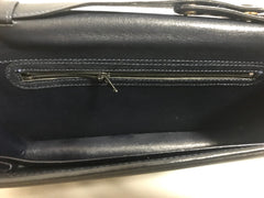 MINT. Vintage Christian Dior navy leather clutch purse, shoulder bag with golden Dior logo motif.