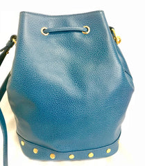 Vintage LANVIN blue grained leather hobo bucket shoulder bag with golden logo motifs. 070502re1