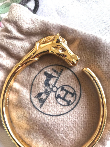 Authentic Hermes Gold GP Slip On Bracelet Horse Heads Bangle