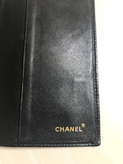 Vintage CHANEL black stitched leather book cover, diary cover, checkbook case etc. Unisex purse. Classic and simple beauty.
