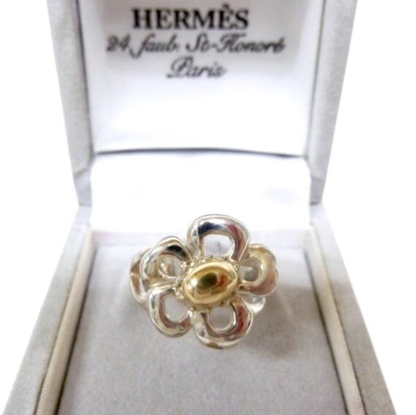 Vintage Hermes 925 silver and 18k gold combination flower design ring. With  original case. Size US5-6, UK K-L, JP 10-11