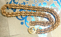 Vintage CHANEL double chain and beige leather belt with golden CC charm hock. Classic belt. 29.5", 75cm