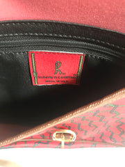 Vintage Roberta di Camerino red and brown saumur messenger shoulder bag with leather trimmings with R logo motif. Made in USA. 060711r2