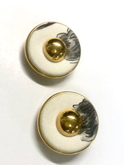 Vintage HERMES golden round earrings with white silk fabric frames. Classic jewel piece. 060616r2