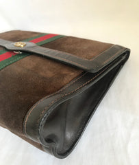 80's Vintage Gucci brown suede leather classic makeup, cosmetic, toiletry pouch, clutch purse  with green and red webbing. Gucci Parfums.