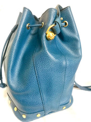 Vintage LANVIN blue grained leather hobo bucket shoulder bag with golden logo motifs. 070502re1