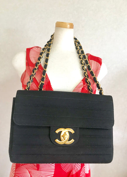 Vintage Chanel classic black jersey 2.55 bag with double flap and skinny  chains For Sale at 1stDibs