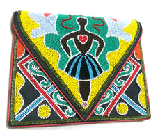 Vintage Renaud Pellegrino colorful and ethnic design beaded clutch bag, shoulder bag. One of a kind handmade masterpiece. Made in France.